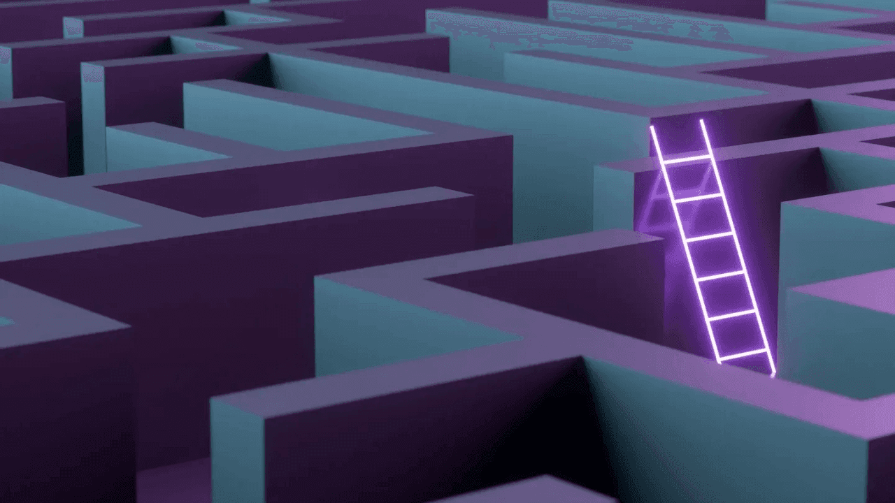Glowing ladder stands in digital maze, symbolizing career navigation through complex pathways.