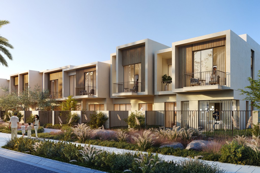 New villa development in Dubai, showcasing Orania The Valley's modern architecture and lush landscaping.