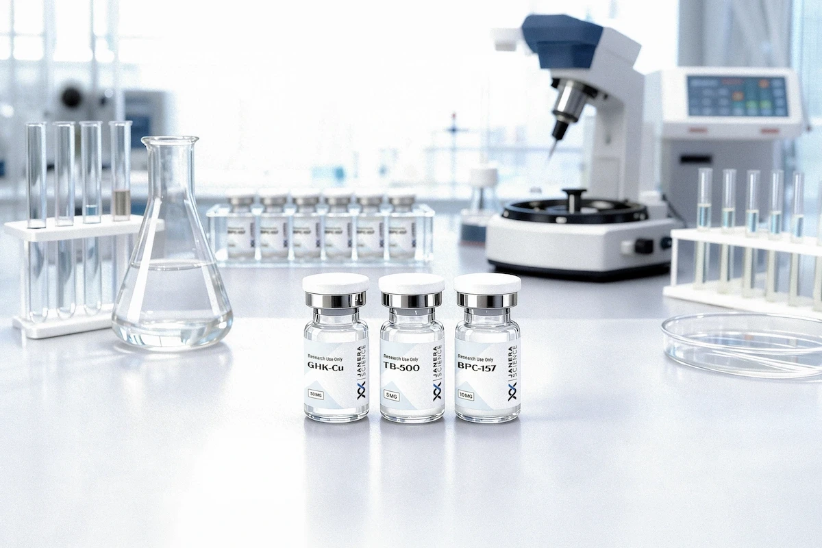 Five Janera Science research peptide vials — two TB-500 5mg and three BPC-157 10mg — arranged on a mirrored stainless steel tray against a silver ridged laboratory background. For research use only.