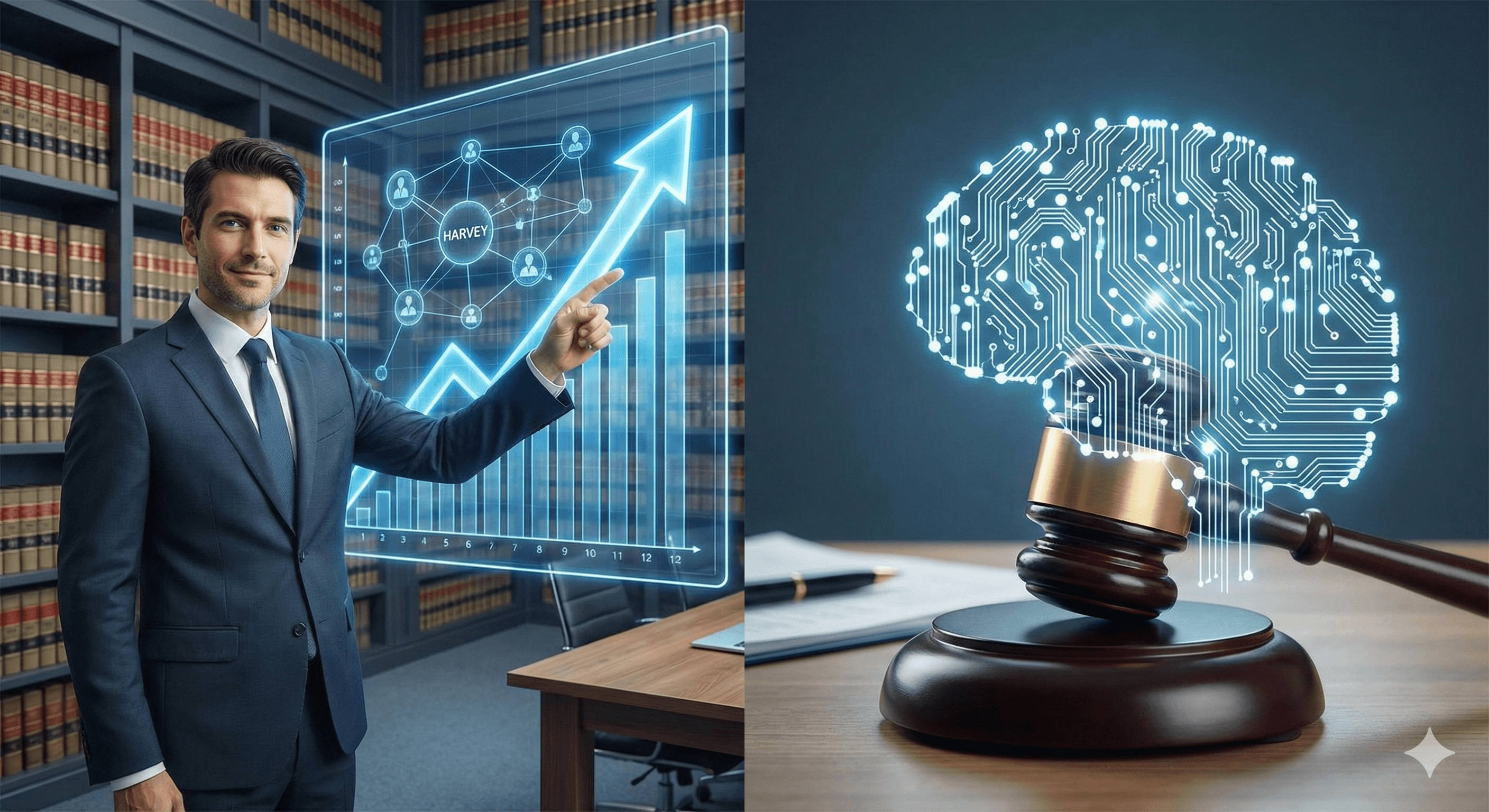 A professional in a suit points to a digital display with graphs and network diagrams related to scaling Harvey, inside a law library, next to an image of a circuit-like brain above a judge's gavel, symbolizing the intersection of law and artificial intelligence.