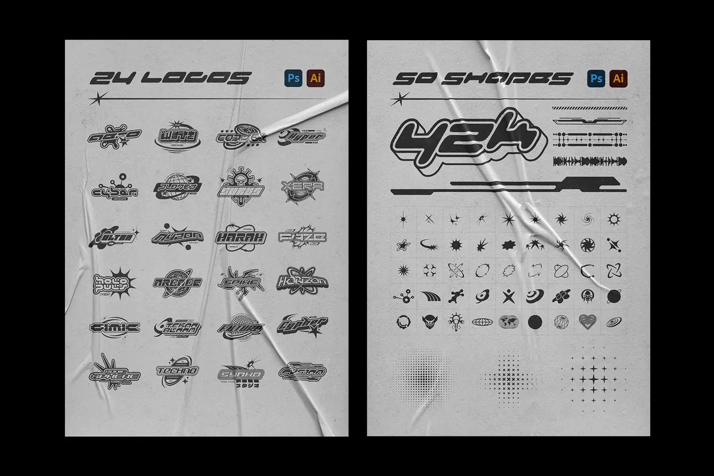 Collection of twenty four logos and fifty bonus vector shapes for Y2K style graphic design