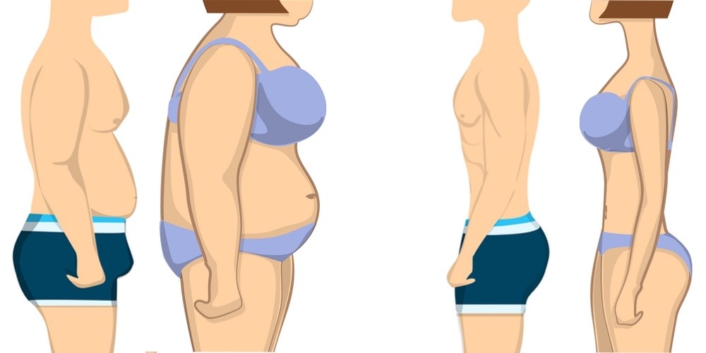 a drawing of a fat man and woman facing a fit man and woman