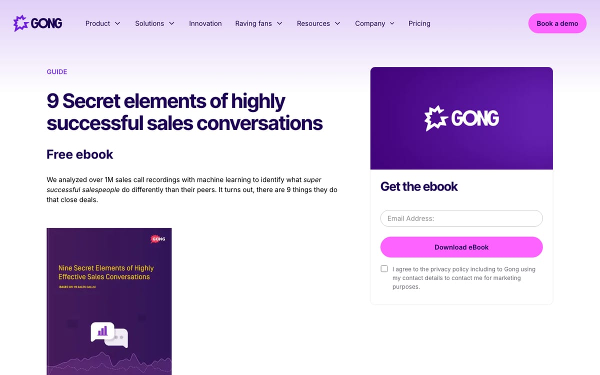 Gong landing page for the ebook on sales conversations