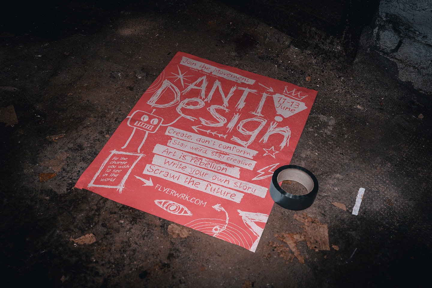 Basement A2 poster mockup showing red poster artwork placed on dusty basement floor