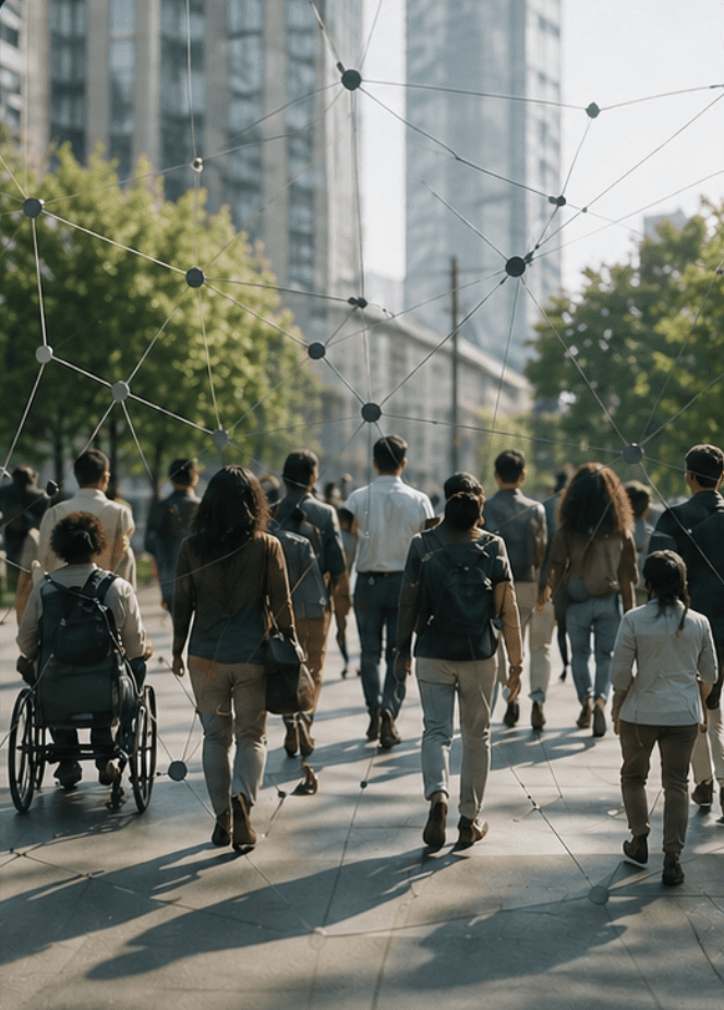 Diverse group of people walking through a city with network connections overlaid