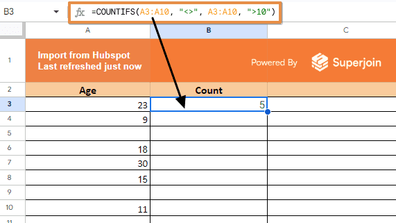 =COUNTIFS(A3:A10, "<>", A3:A10, ">10")