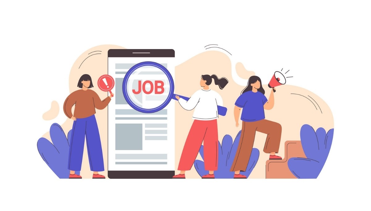 Illustration of three candidates displayed on profile cards with star ratings, as a magnifying glass highlights one.