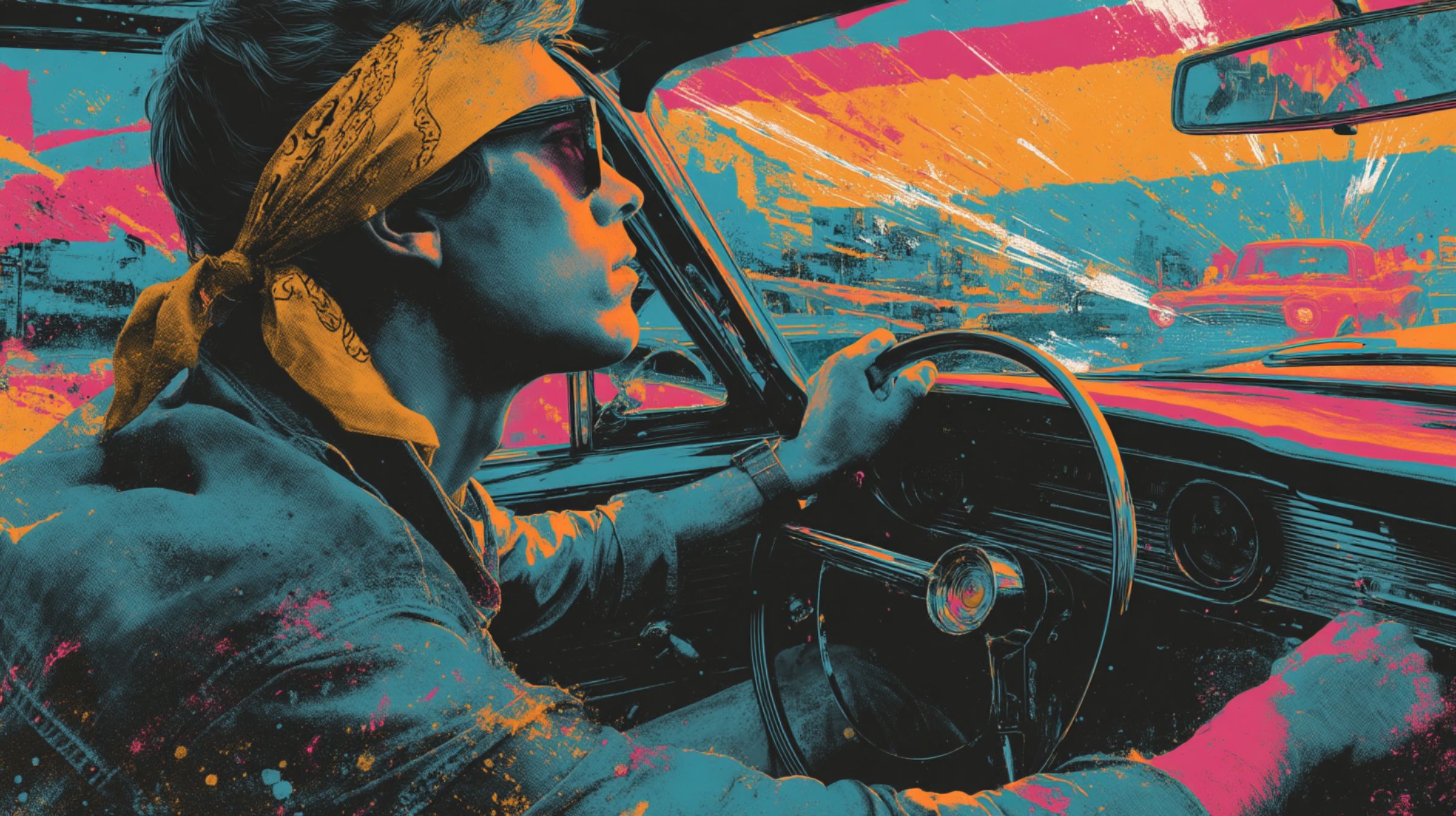 A driver bathed in explosive bands of cyan, magenta, and orange light, chasing sunrise through chaos and clarity.