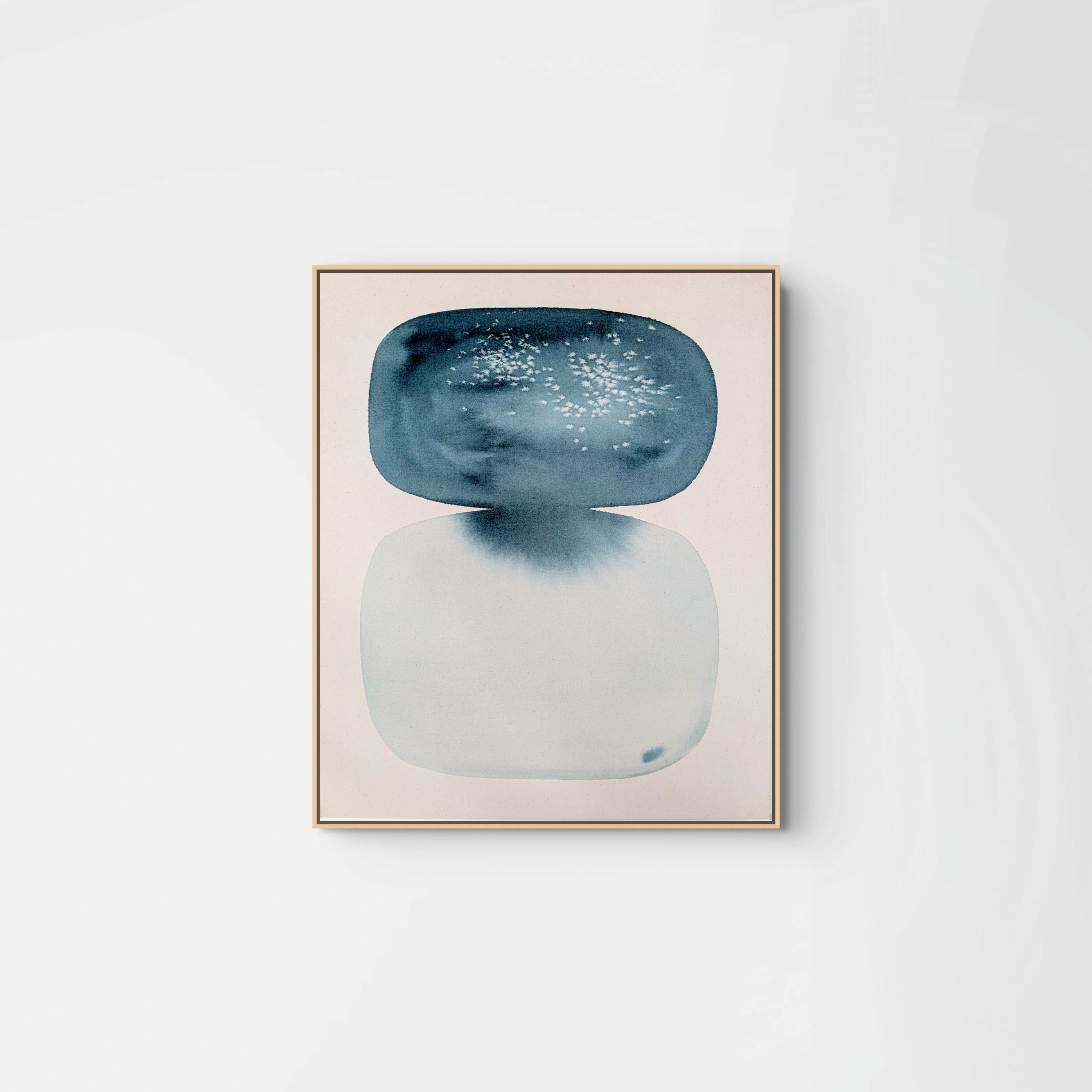Abstract art featuring curved shapes in blue and white, framed against a light background.