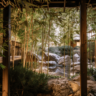 View from a bamboo-covered pergola onto a rocky garden landscape with a cascading water feature, creating a calming and zen-like atmosphere in an Asian-inspired garden setting.