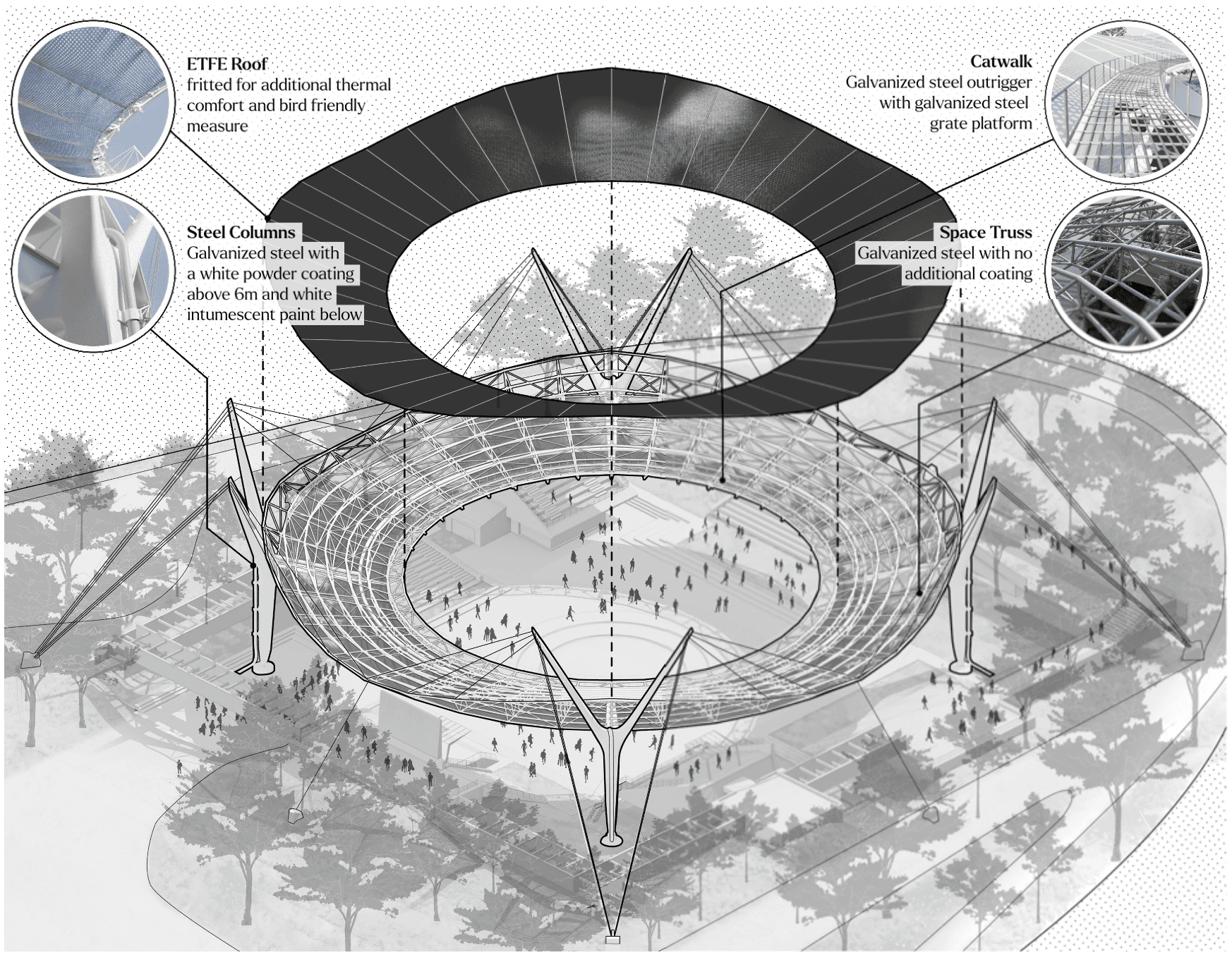 Exploded axonometric drawing showing material selections.