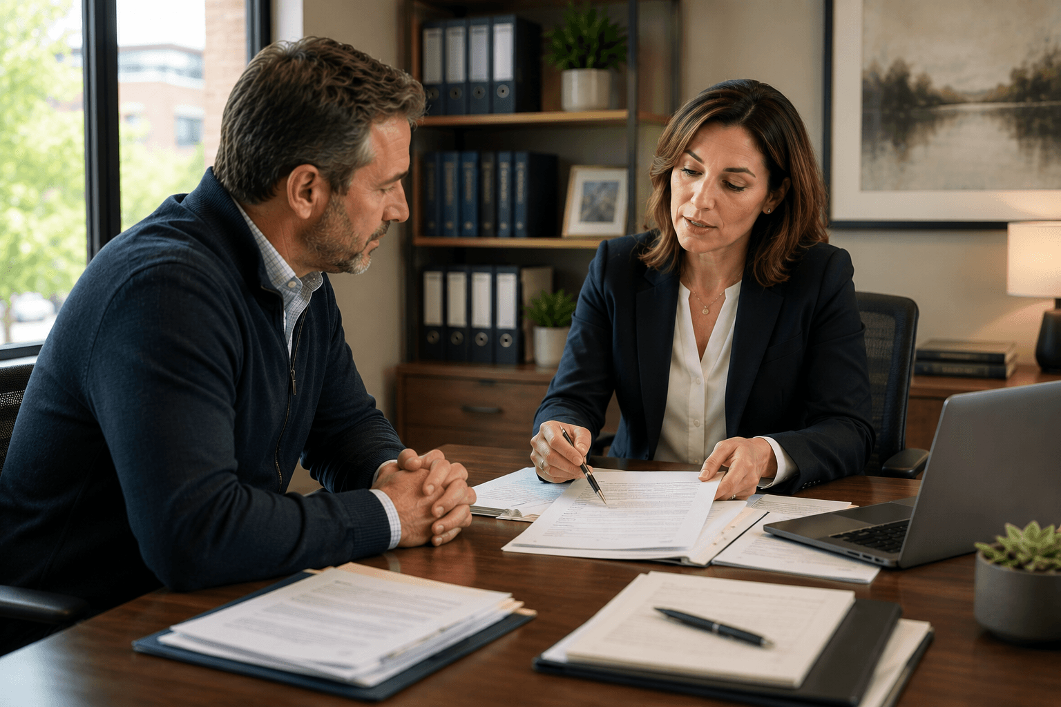 Landlord meeting with a legal representative to review tenancy documents and discuss an N12 notice and Landlord and Tenant Board application in Ontario.