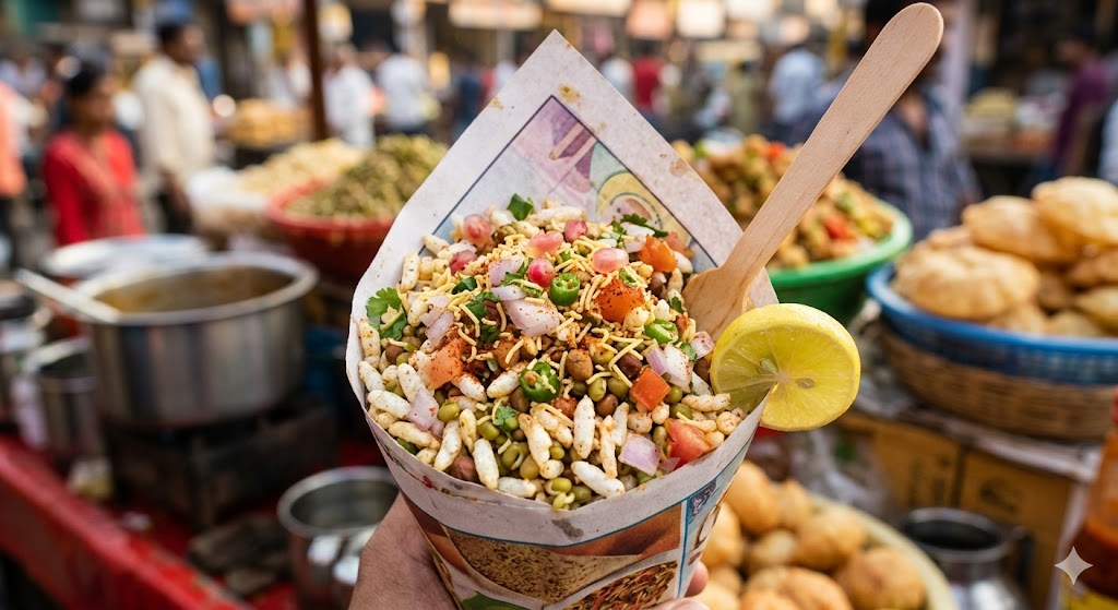 A hand holds a traditional paper cone overflowing with vibrant Mumbadevi Bhel Puri, a popular Indian street food mix of puffed rice, sev, lentils, and pomegranate seeds, garnished with a lime wedge and cilantro. A blurred Mumbai street market with food stalls and people is in the background.
