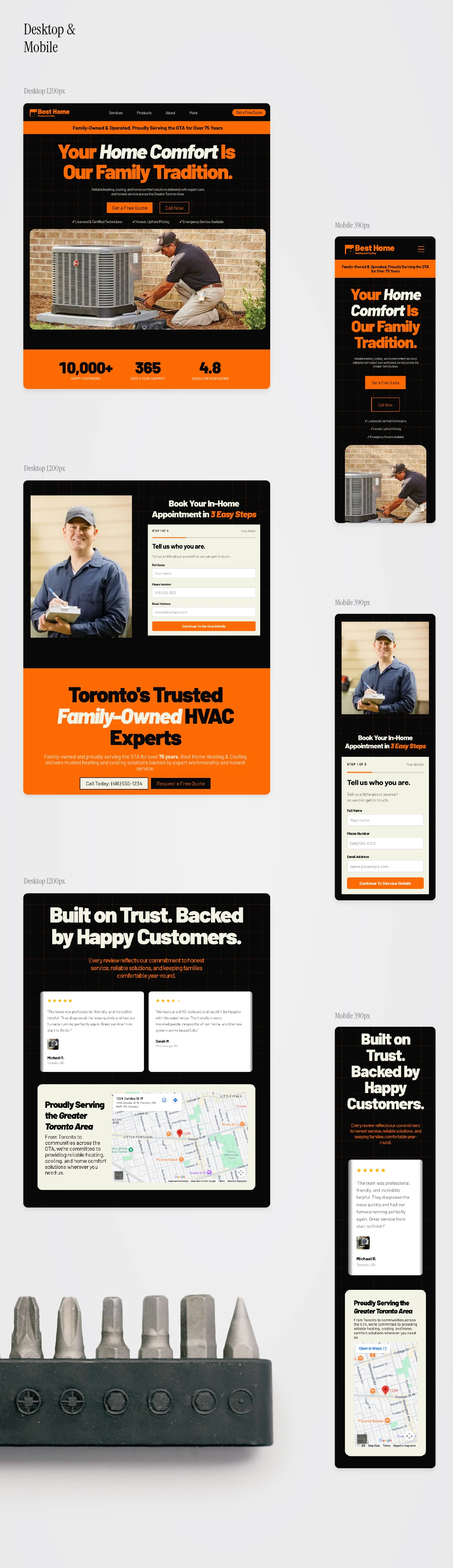 Desktop and mobile responsive design comparison for the Best Home Heating and Cooling website, showing the hero, booking form, and reviews sections at both screen sizes