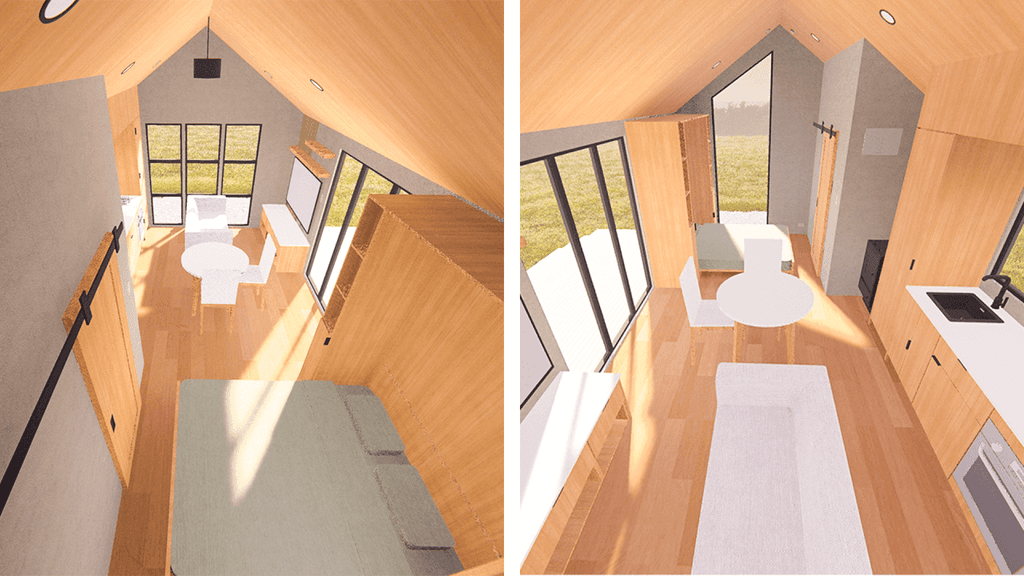 12x20 tiny house interior with an open-plan layout