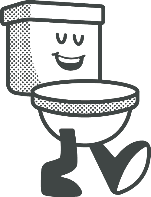 A cartoon-style toilet with a smiling face, giving a friendly and cheerful appearance walking on two legs towards the right.