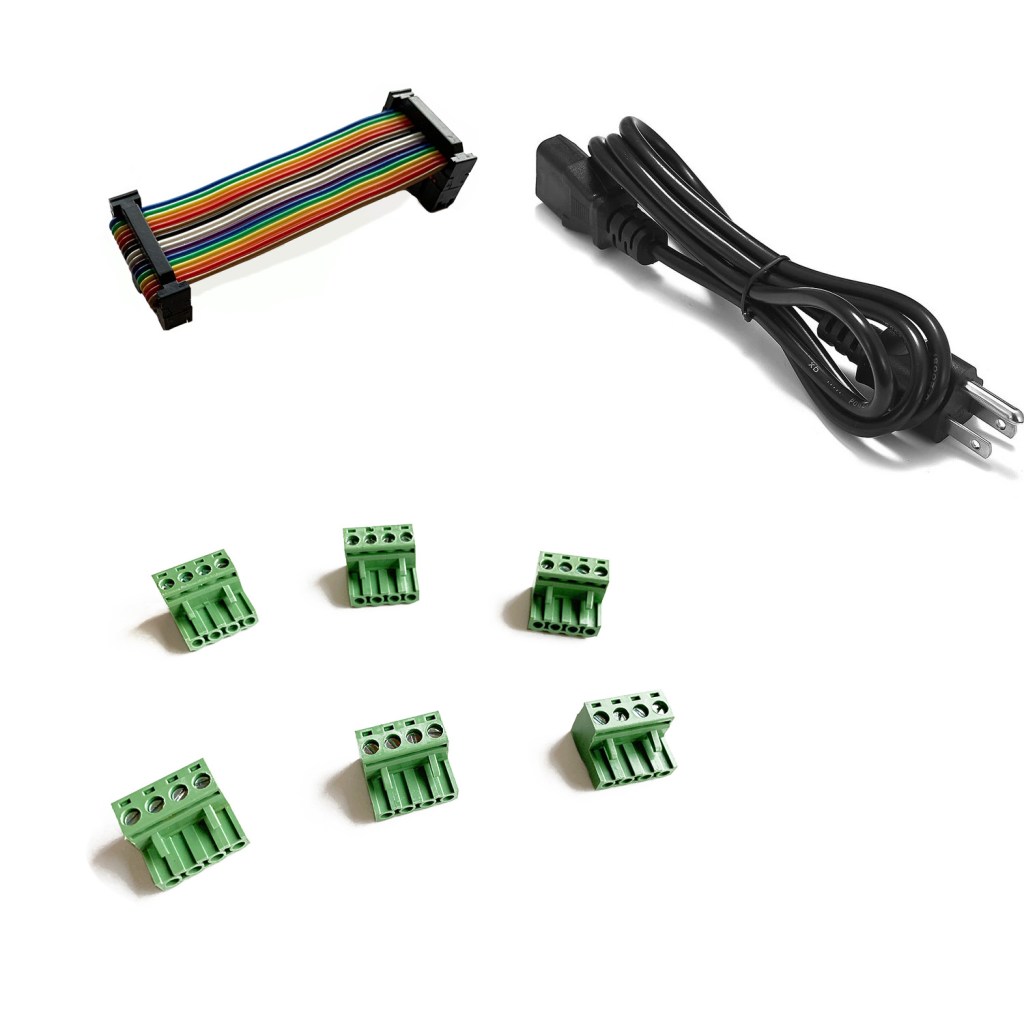 Ribbon cable, power cord, and green connectors