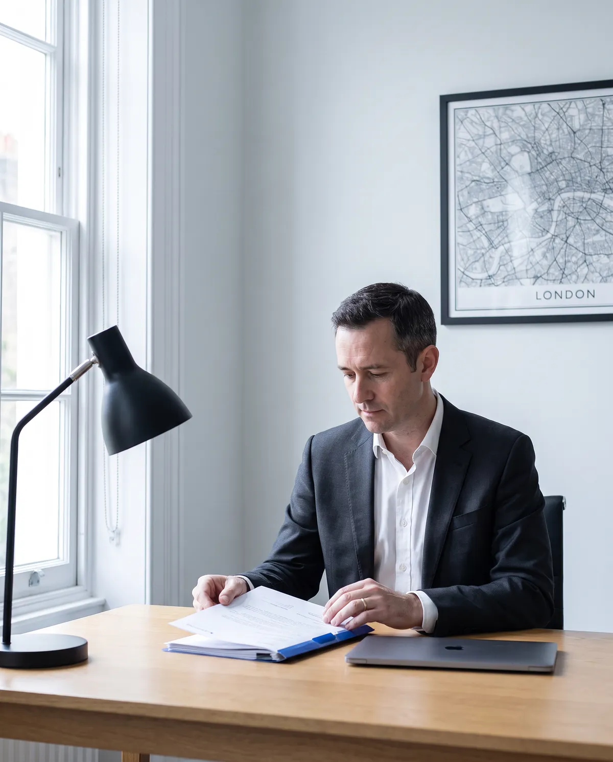 Thomas Reid reading a paper file at his desk in the Richmond office