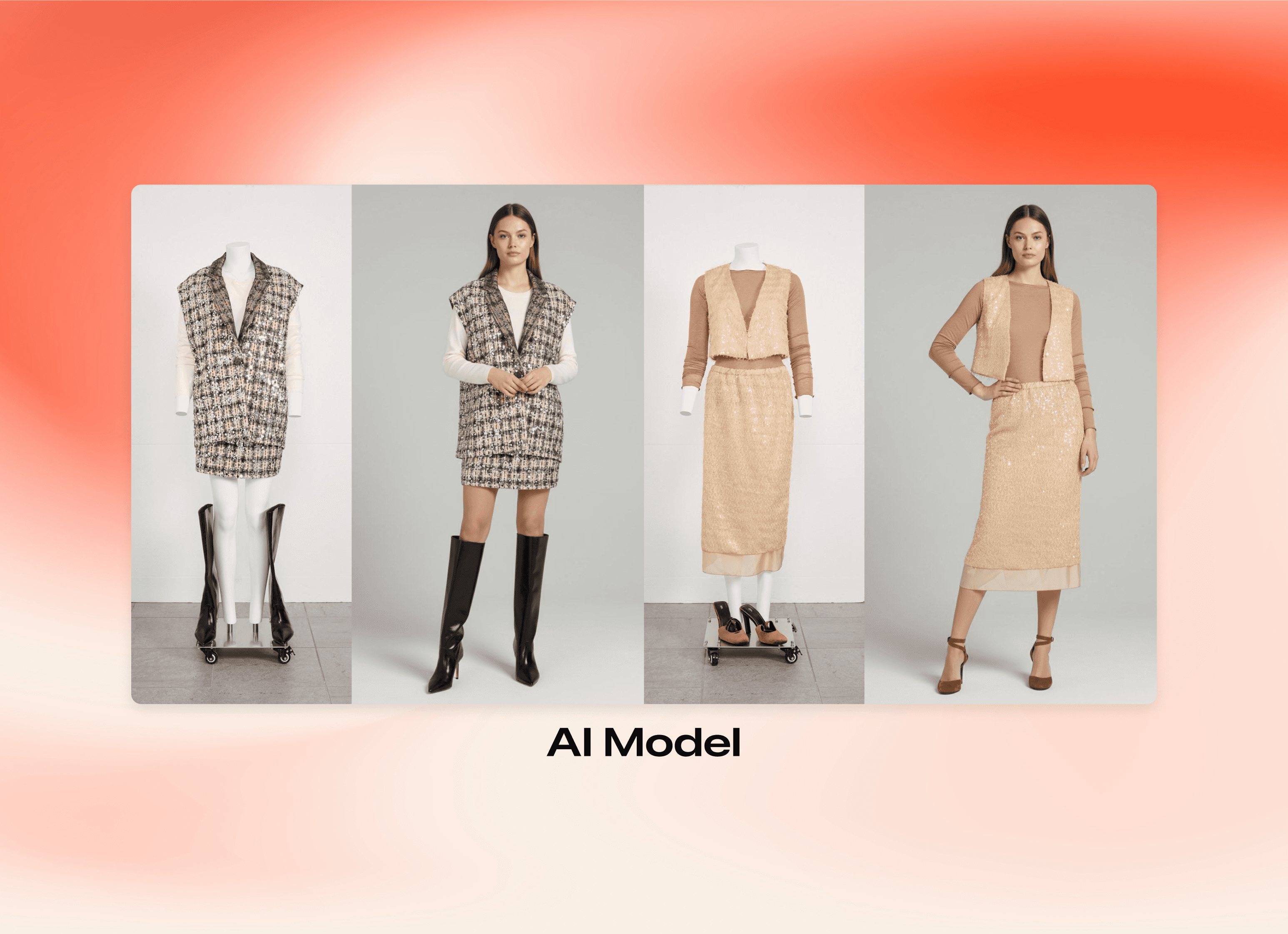 Three AI-generated fashion model images showing outfits on headless mannequins against a coral gradient background