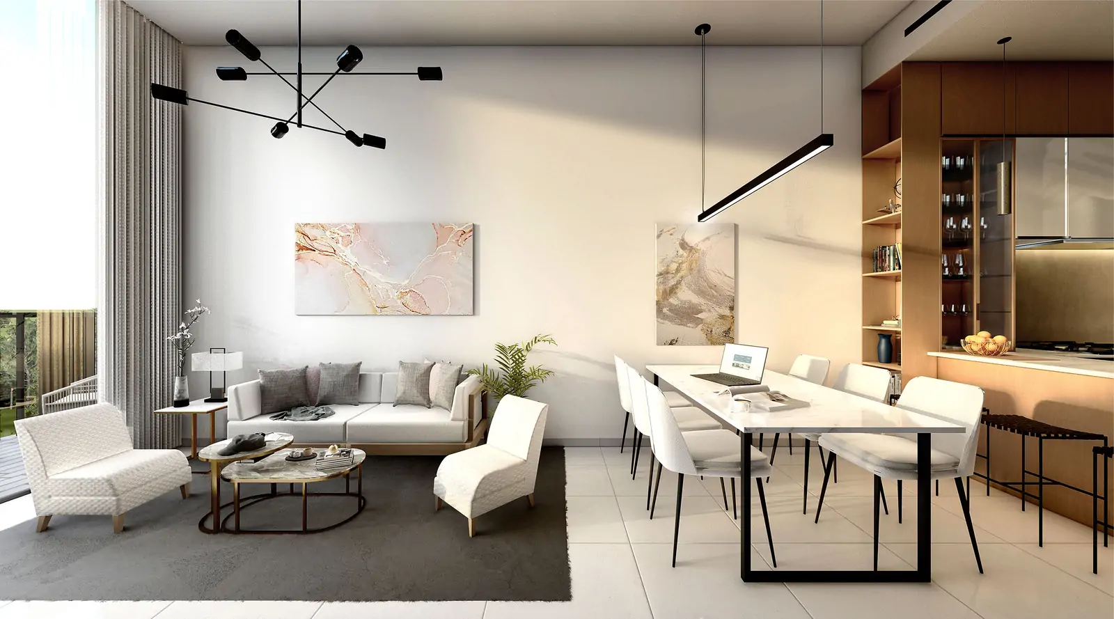 Modern kitchen and open-plan living room at Park Lane 2 by Heilbronn. Explore Dubai luxury properties and invest with crypto via Tylt Real Estate.