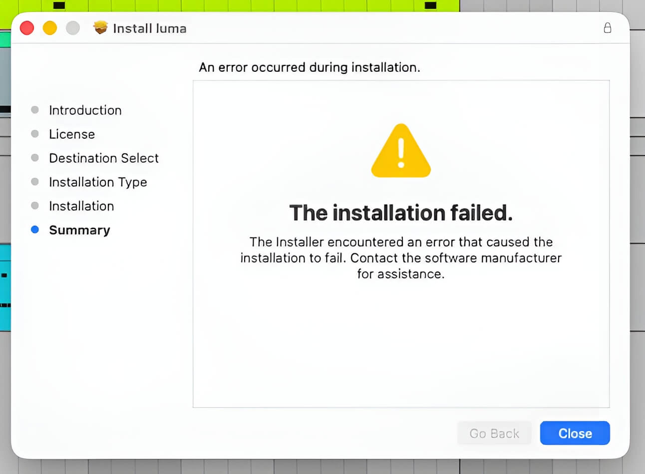 An error message detailing an installation failure