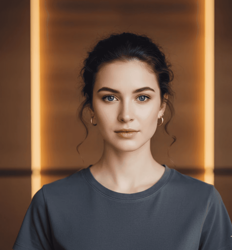 Young woman with wavy hair and hoop earrings, wearing a blue top. She stands against a softly lit, warm-toned background, looking calm and composed.