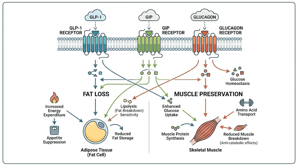 Retatrutide triple receptor mechanism for fat loss and muscle preservation
