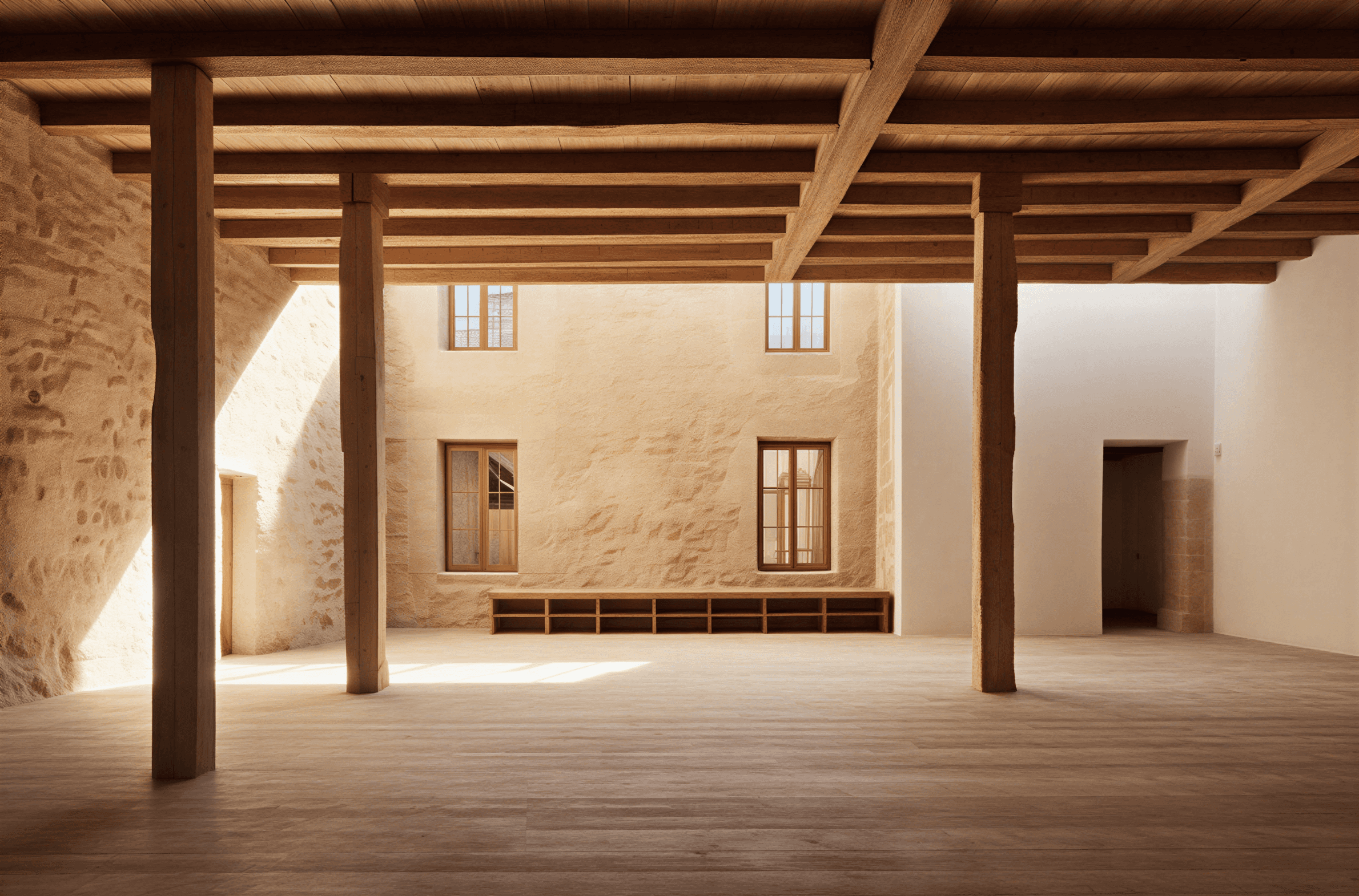 Renovated stone building interior with exposed wooden post-and-beam structure, textured stone walls, modern built-in storage, and blonde wood flooring
