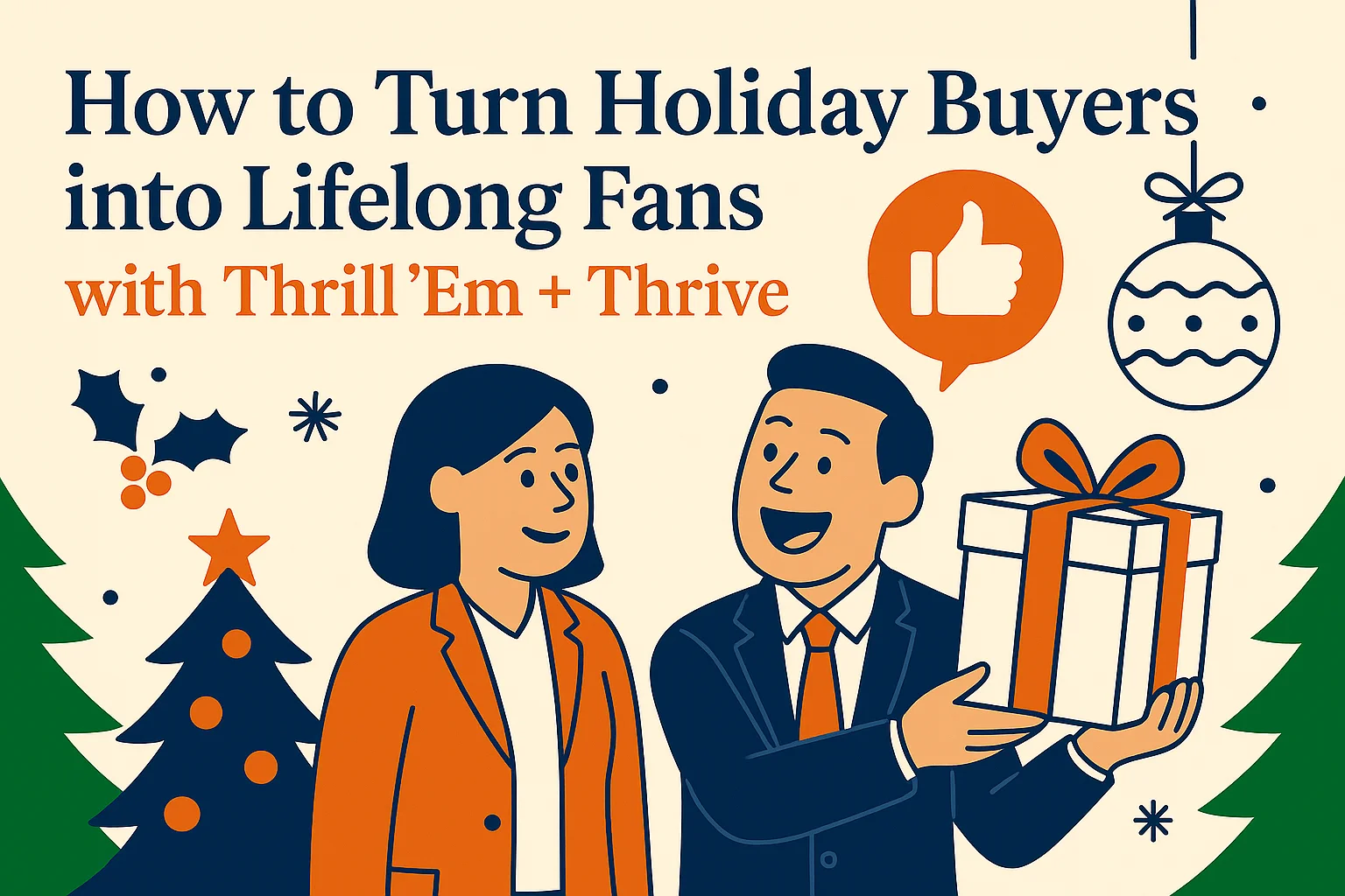 man-giving-gift-to-woman-in-holiday-setting-with-trees-ornaments-and-thrill-em-thrive-text-in-background