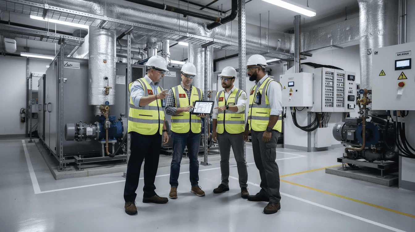 A facilities team is gathered in a plant room, reviewing various building equipment and discussing energy management systems to enhance operational efficiency. They utilize digital twin technology to monitor real-time data, enabling predictive maintenance and optimizing energy consumption for improved building performance.