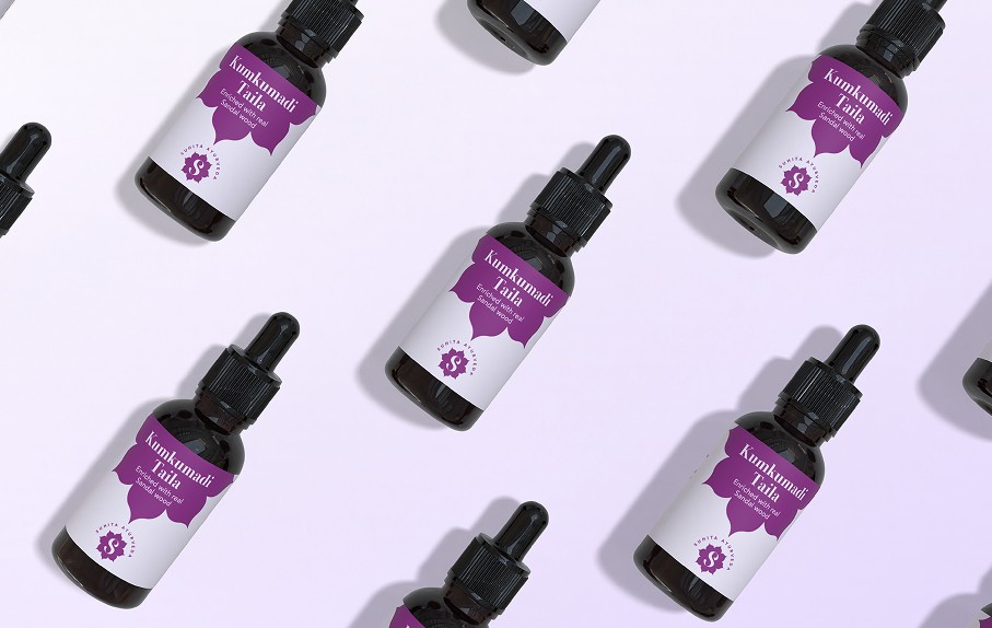 Pattern layout of Suhita Ayurveda dropper bottles highlighting consistency in product branding