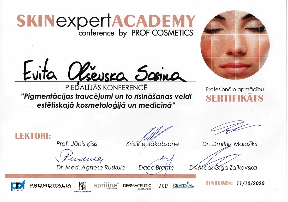 Profesionālās apmācības sertifikāts estētiskajā kosmetoloģijā