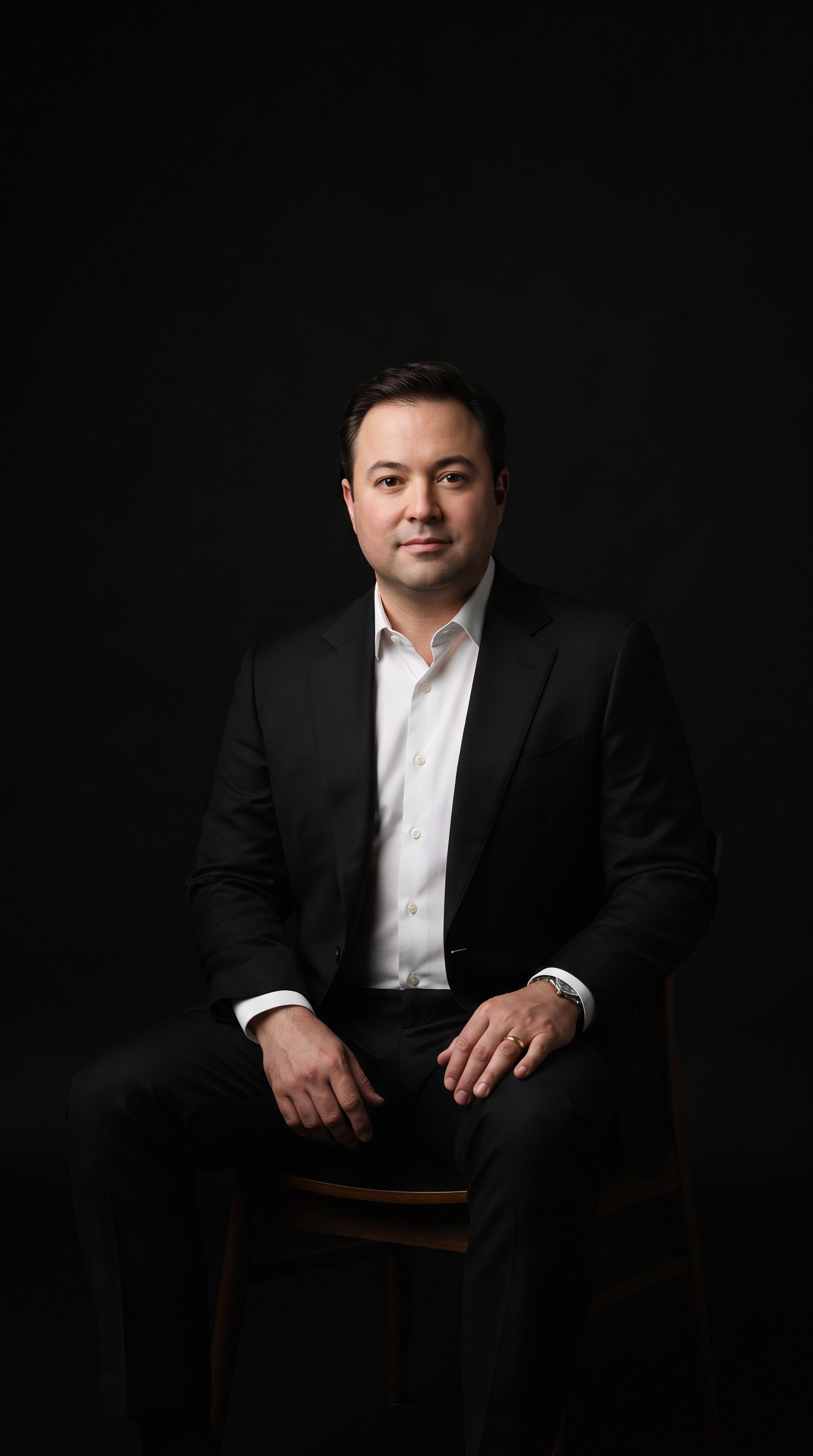 Man in his mid 40s wearing a plain black suit and clean shave