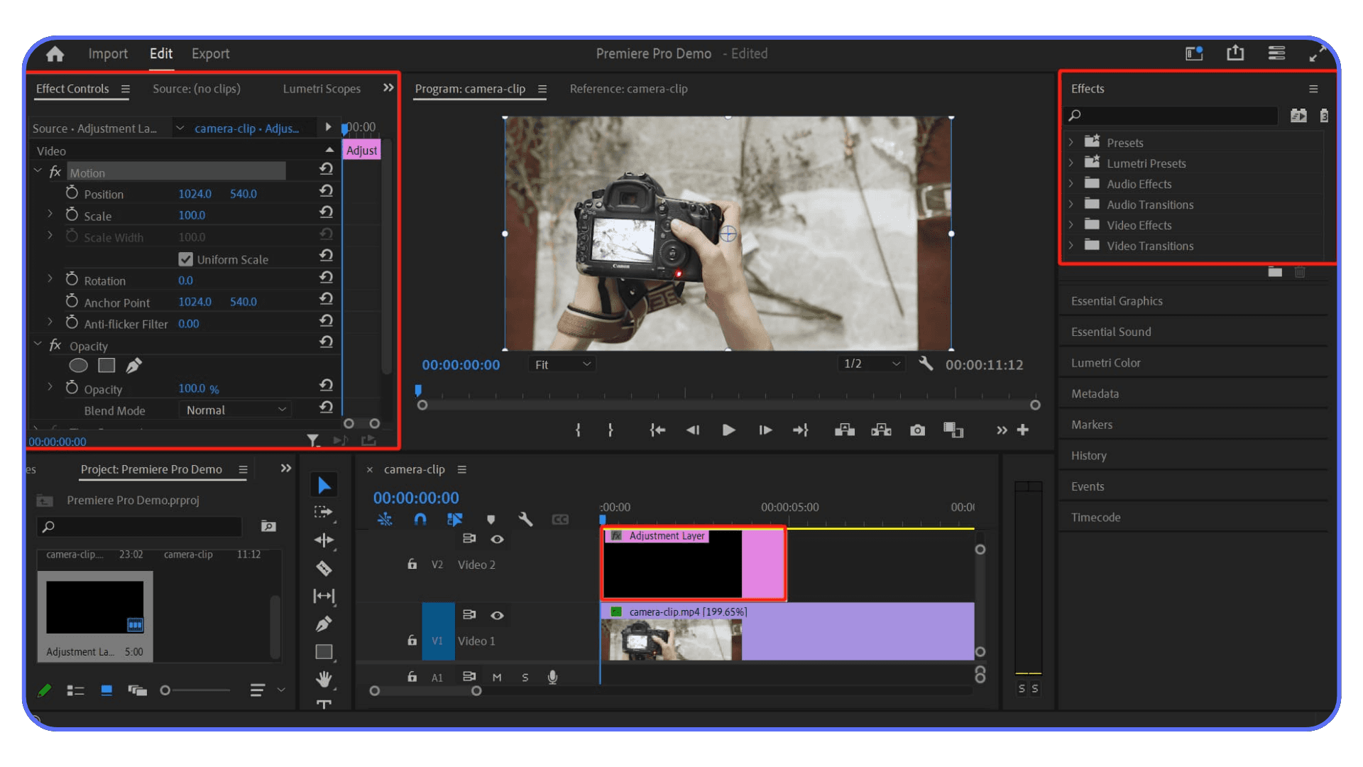 Premiere Pro editing workspace with effect controls, adjustment layer, and effects panel visible