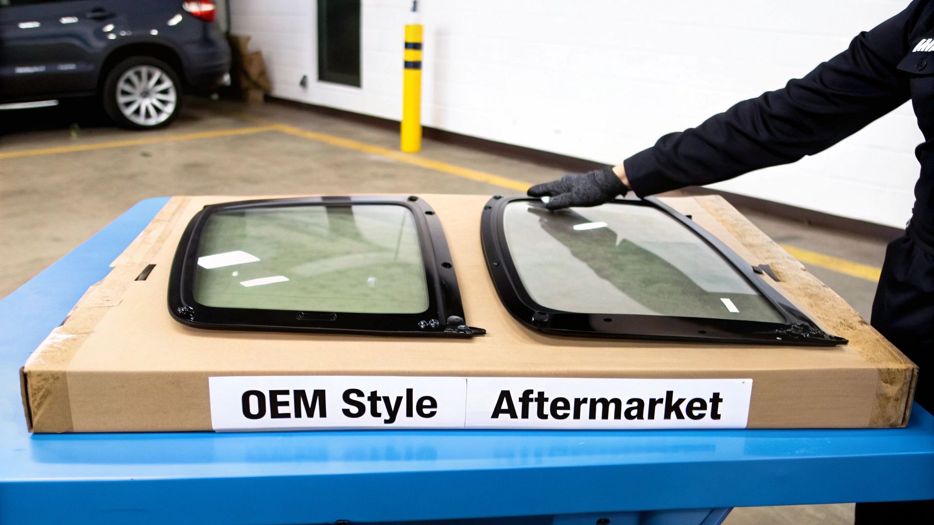 Comparing OEM style and aftermarket car windows on a box, with a person's hand.