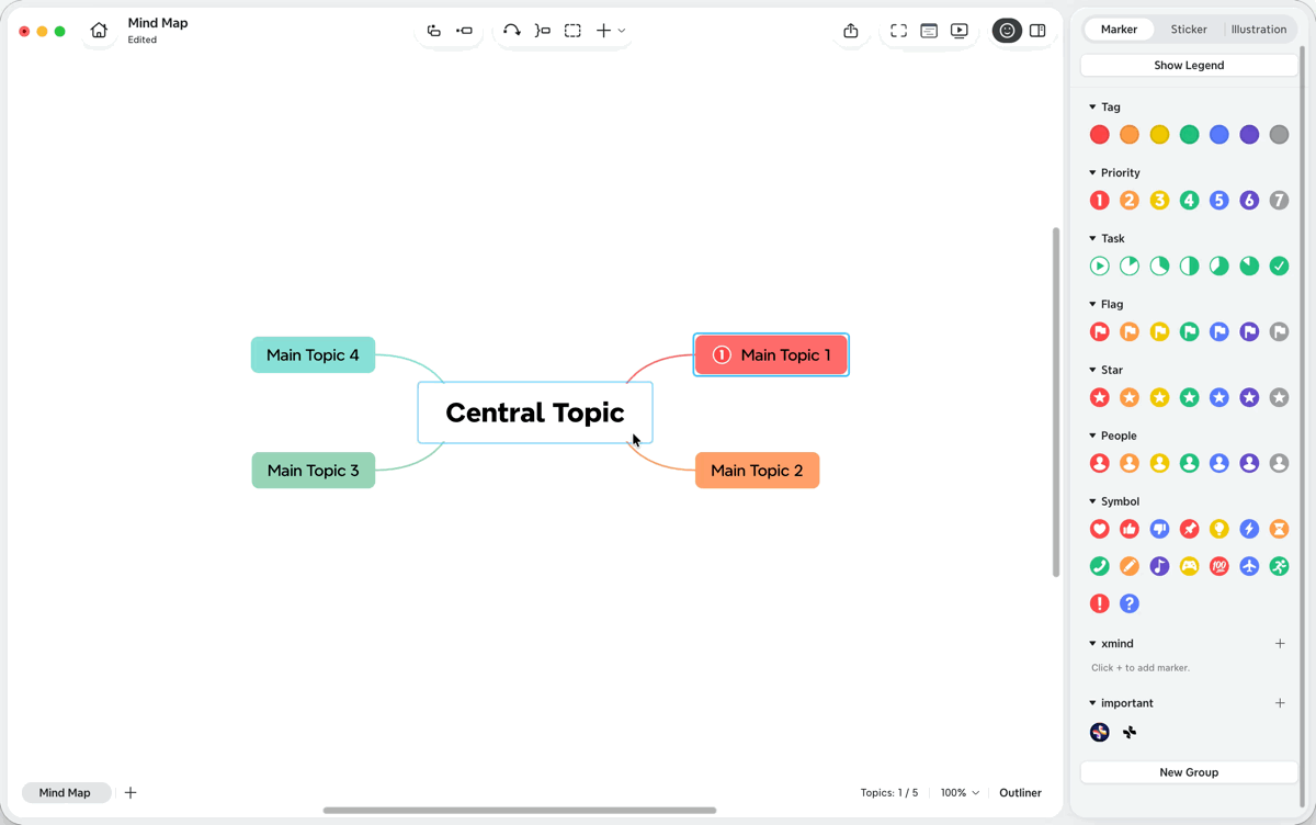 A screenshot of a marker pop-up menu in Xmind, showing different markers from the same marker group that can be used to replace the current marker.