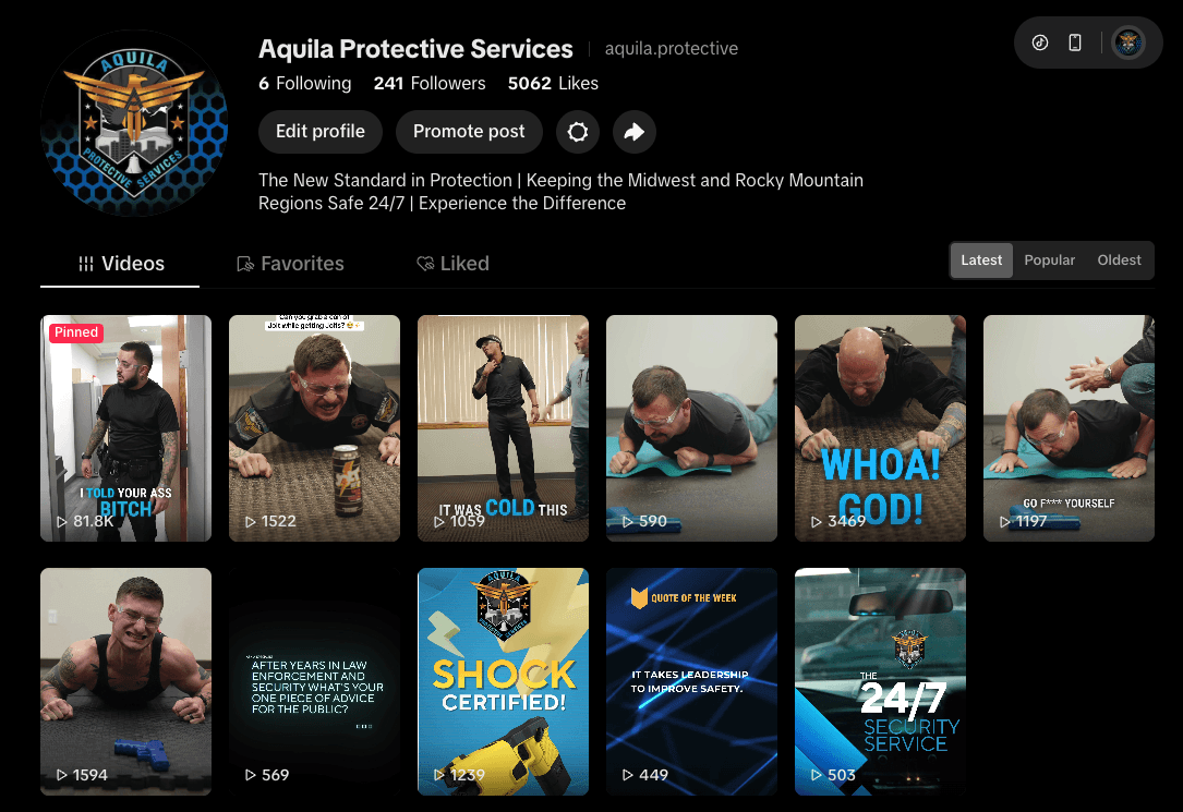 tiktok feeding showing aquila protective service growth