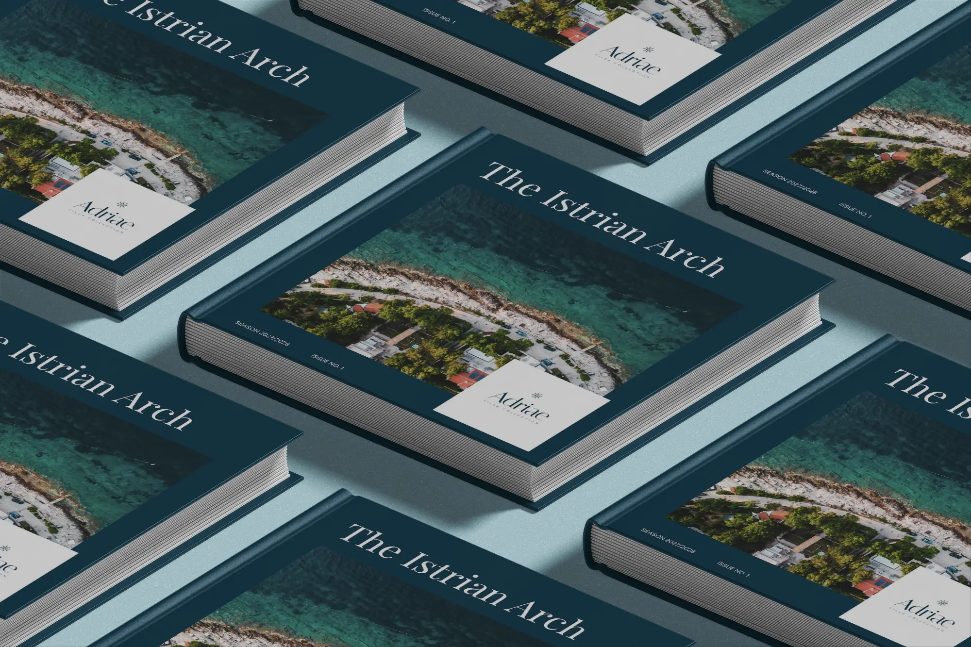 A premium brand presentation mockup showing the patterned front cover design of the Adriae villa coffee table book, arranged in a clean, repetitive layout by Studio Liminal.