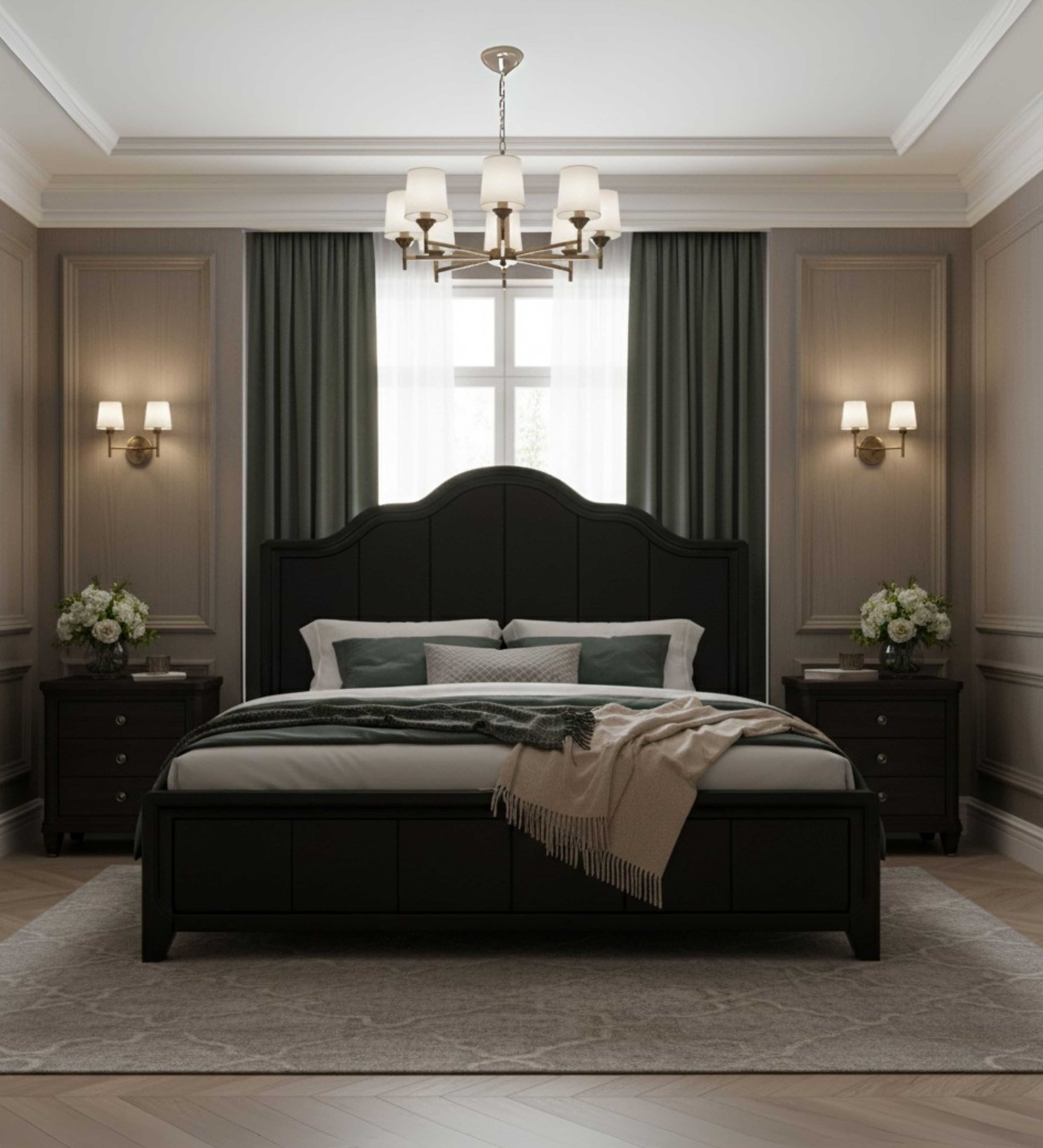 Dark upholstered bed with tall headboard and structured rectangular silhouette
