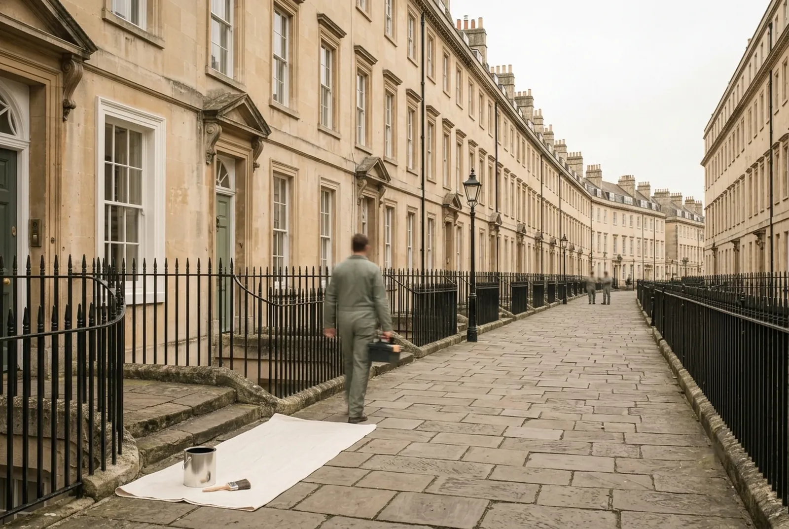 A long Georgian terrace of Bath stone houses with a decorator walking along the pavement