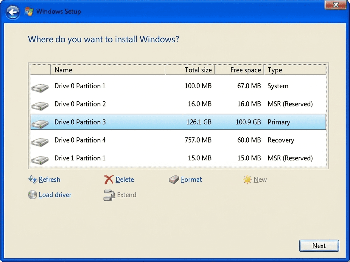 Windows 11 installer partition list with Drive 0 Partition 3 highlighted and Delete visible
