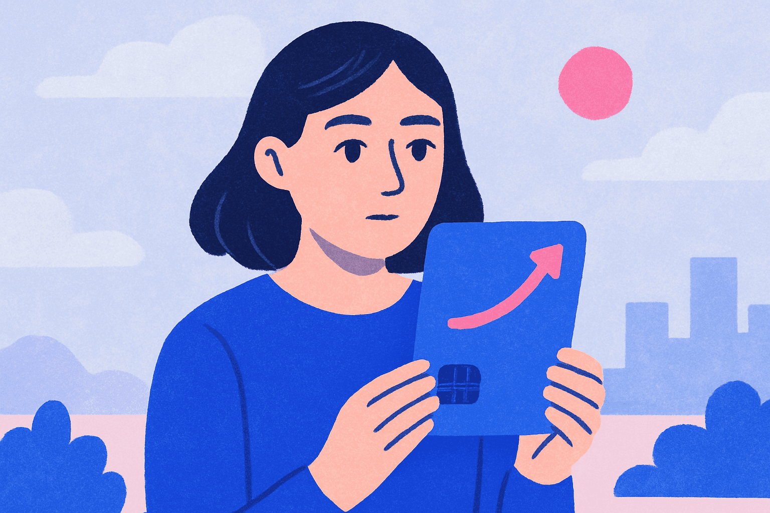 Mujer joven examinando una tarjeta de crédito con flecha magenta ascendente, simbolizando el alza del pago mínimo obligatorio establecido por la CMF que entra en vigencia en junio 2026 en Chile.