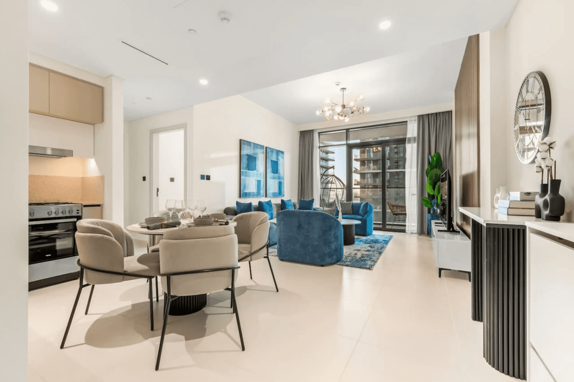 living room with brown sofa and glass window