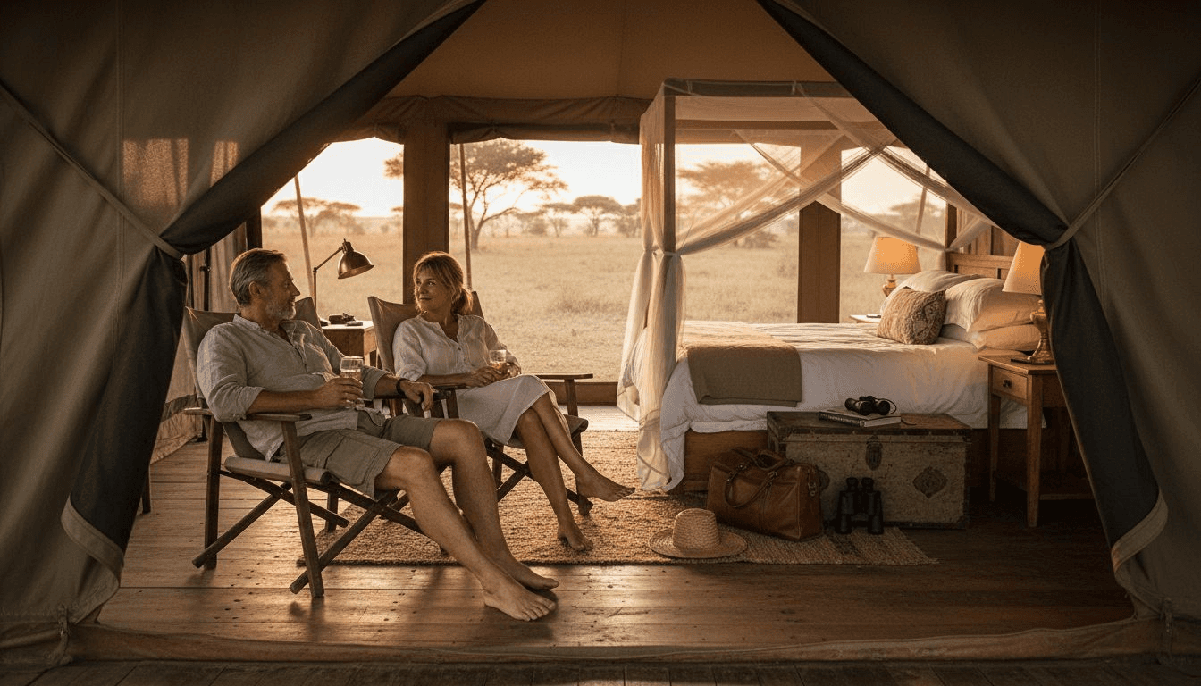En el interior de una exclusiva tienda de campaña, con vistas privilegiadas a la sabana africana