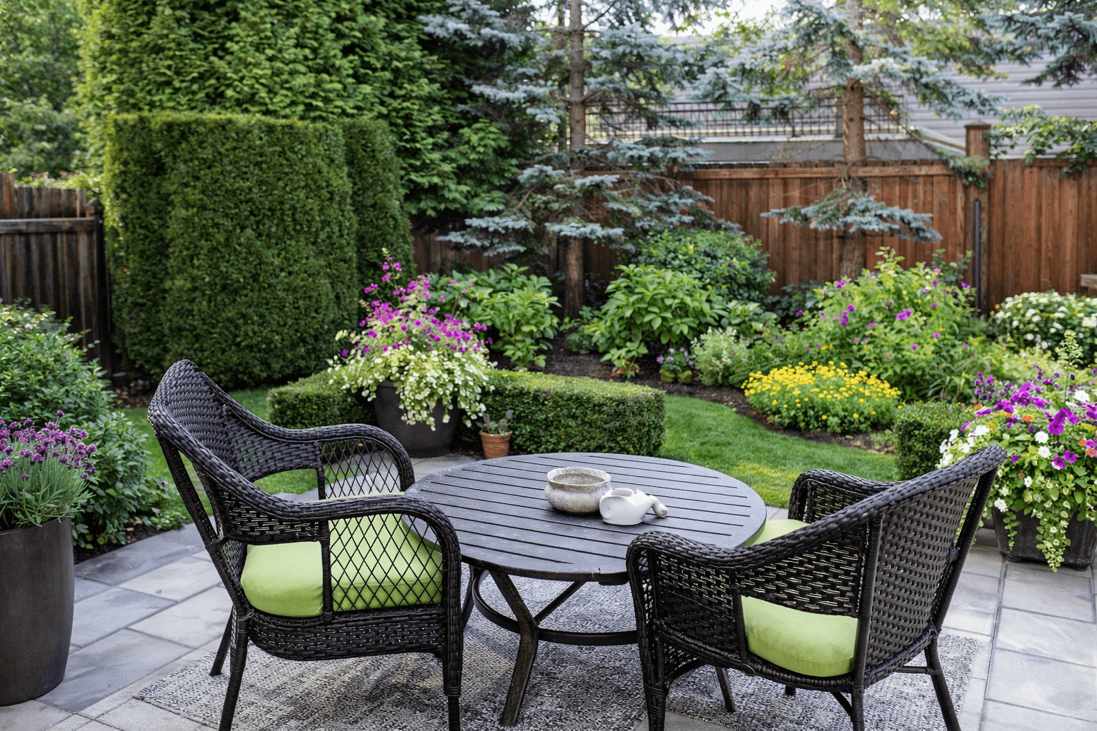 Aerial view of a small neighborhood with red-roofed houses nestled among lush green fields and winding roads. The scene feels peaceful and idyllic.