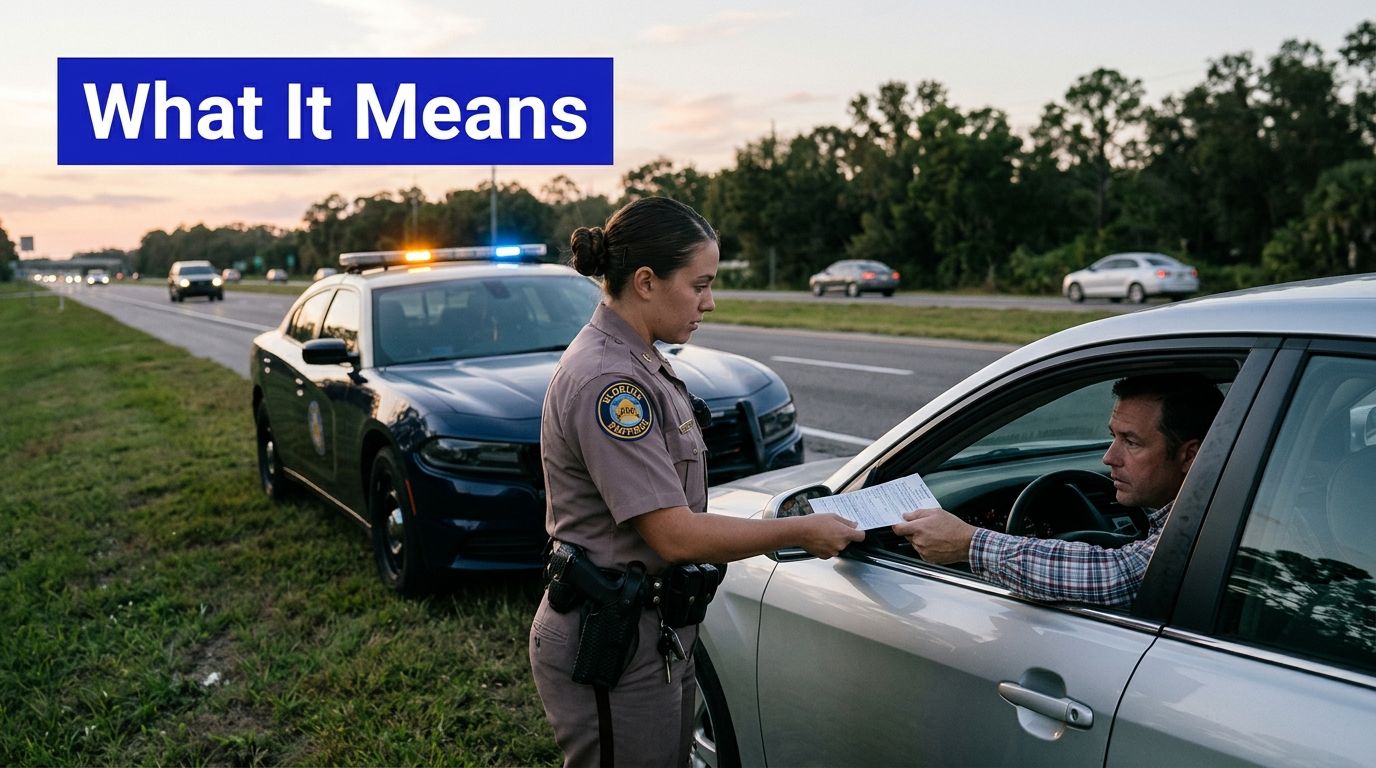 A Florida Highway Patrol officer handing a traffic ticket to a driver through their car window.