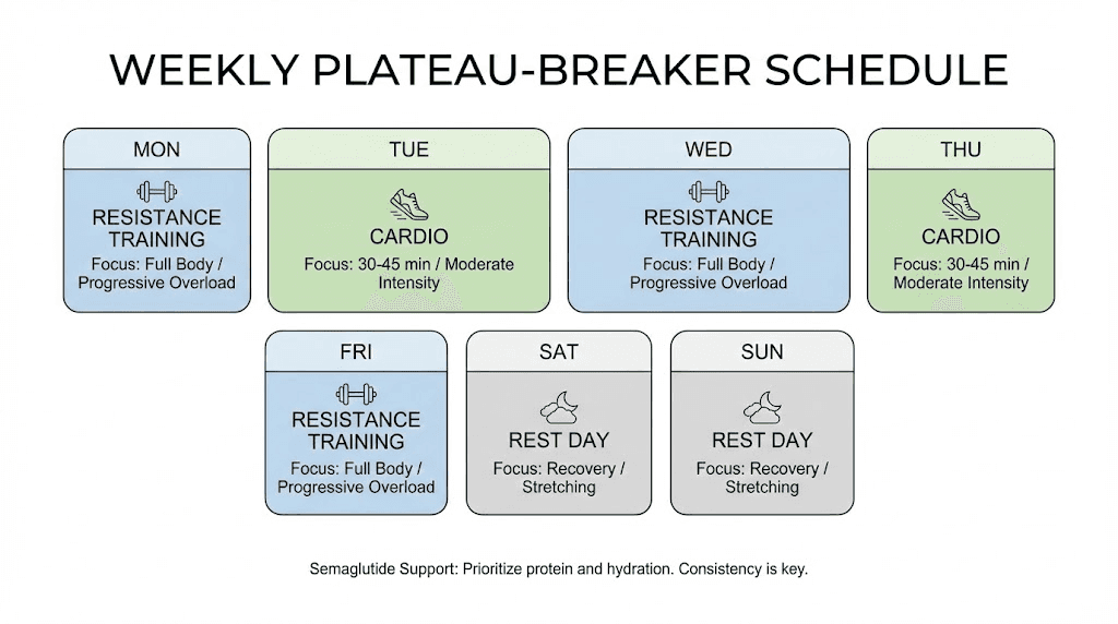 Resistance training schedule for breaking semaglutide weight loss plateau