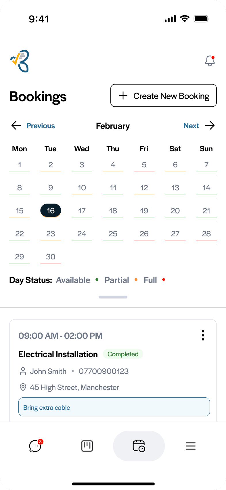 FieldHive bookings full month calendar view