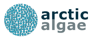 Logo for Arctic Algae, featuring a blue circular design with the name in bold letters beside it.