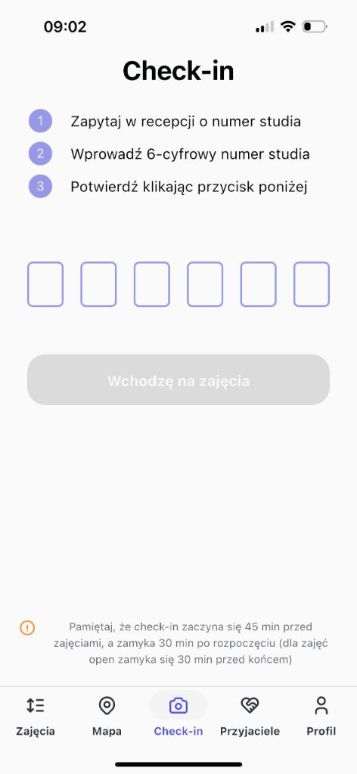 Checkin view of BodyVibes mobile app.